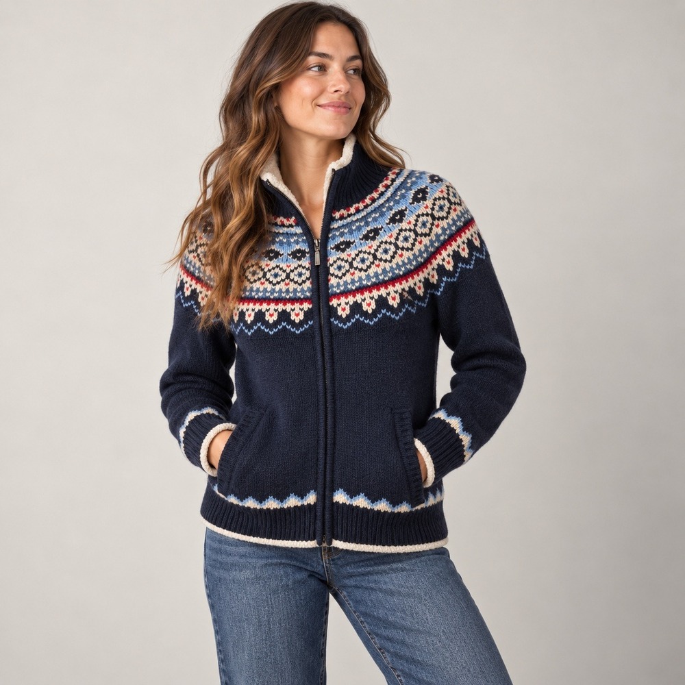 LL Bean Womens M Lambswool Full Zip Sweater Navy Fair Isle Fleece Lined Nordic